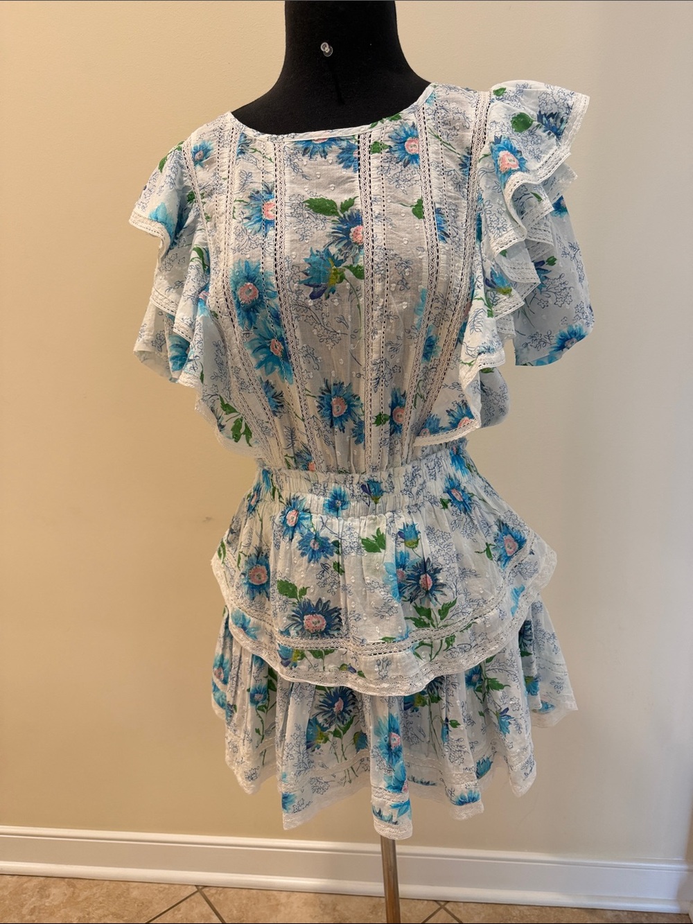 LoveShackFancy White Floral Ruffle Mini Dress with Blue and Green Print ,